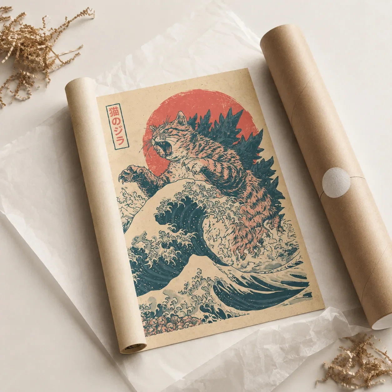 Cat Kaiju Great Wave Wall Art Decor - Wall Art Decor - back view