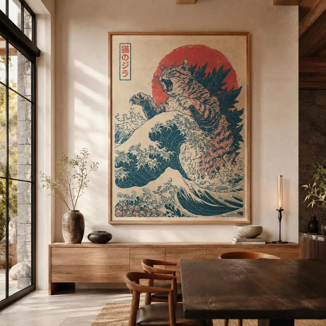 Cat Kaiju Great Wave Wall Art Decor - Wall Art Decor - close up