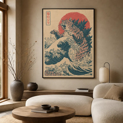 Cat Kaiju Great Wave Wall Art Decor - Wall Art Decor - detail