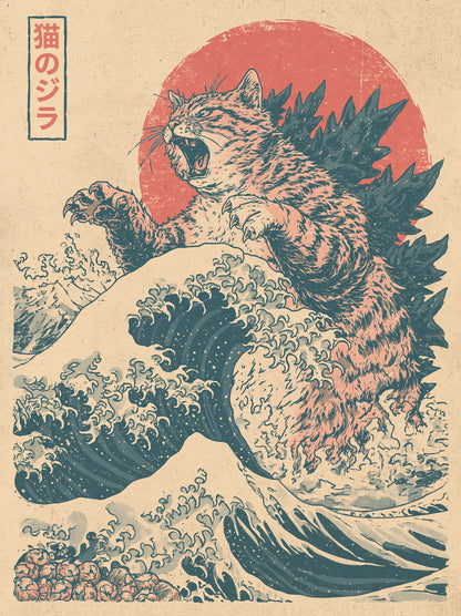 Cat Kaiju Great Wave Wall Art Decor - Wall Art Decor - front view