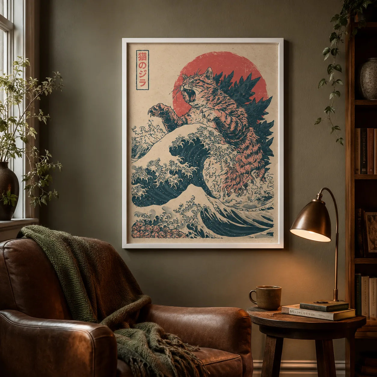 Cat Kaiju Great Wave Wall Art Decor - Wall Art Decor - in use