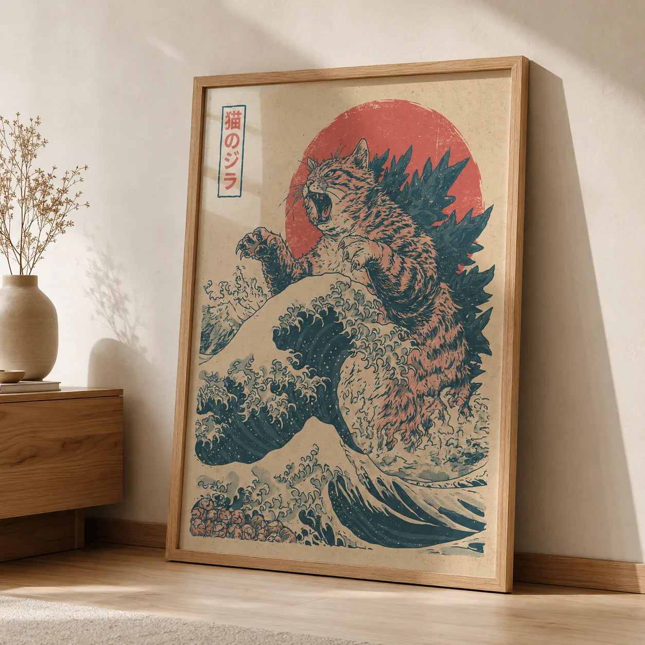 Cat Kaiju Great Wave Wall Art Decor - Wall Art Decor - side view