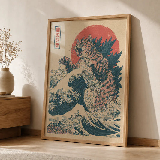 Cat Kaiju Great Wave Wall Art Decor - Wall Art Decor - side view