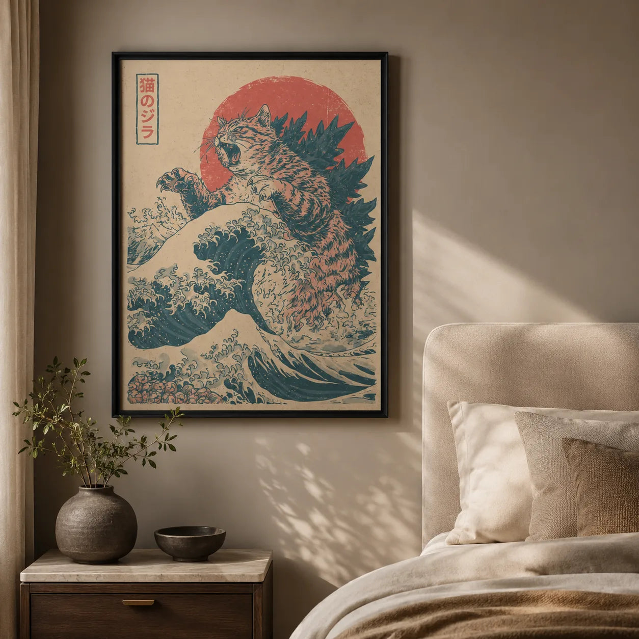 Cat Kaiju Great Wave Wall Art Decor - Wall Art Decor - styled
