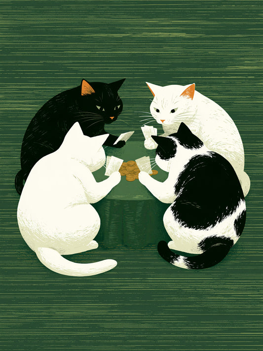 Cats Playing Cards Poster - Wall Art Decor - front view - cats playing cards poster, green cat wall art