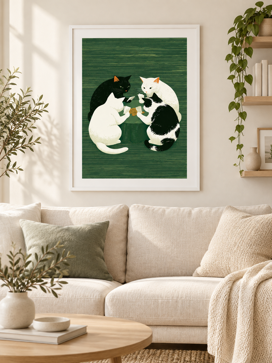 Cats Playing Cards Poster - Wall Art Decor - close-up - cats playing cards poster, green cat wall art