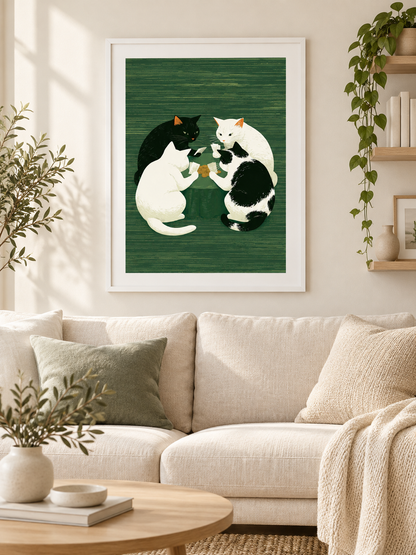 Cats Playing Cards Poster - Wall Art Decor - close-up - cats playing cards poster, green cat wall art