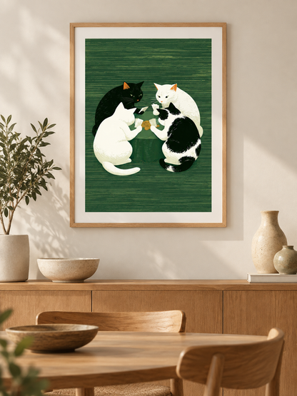 Cats Playing Cards Poster - Wall Art Decor - alternate angle - cats playing cards poster, green cat wall art
