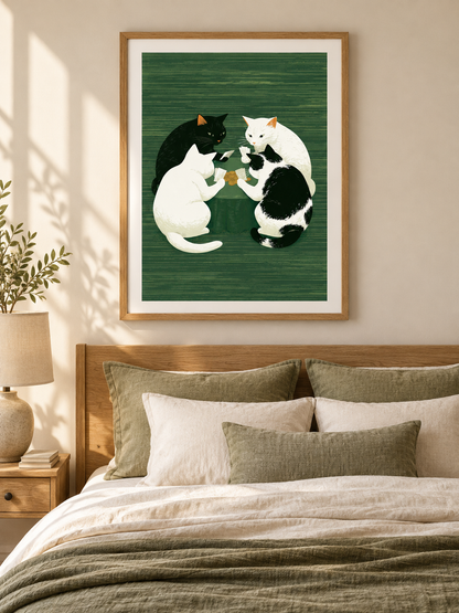 Cats Playing Cards Poster - Wall Art Decor - detail view - cats playing cards poster, green cat wall art