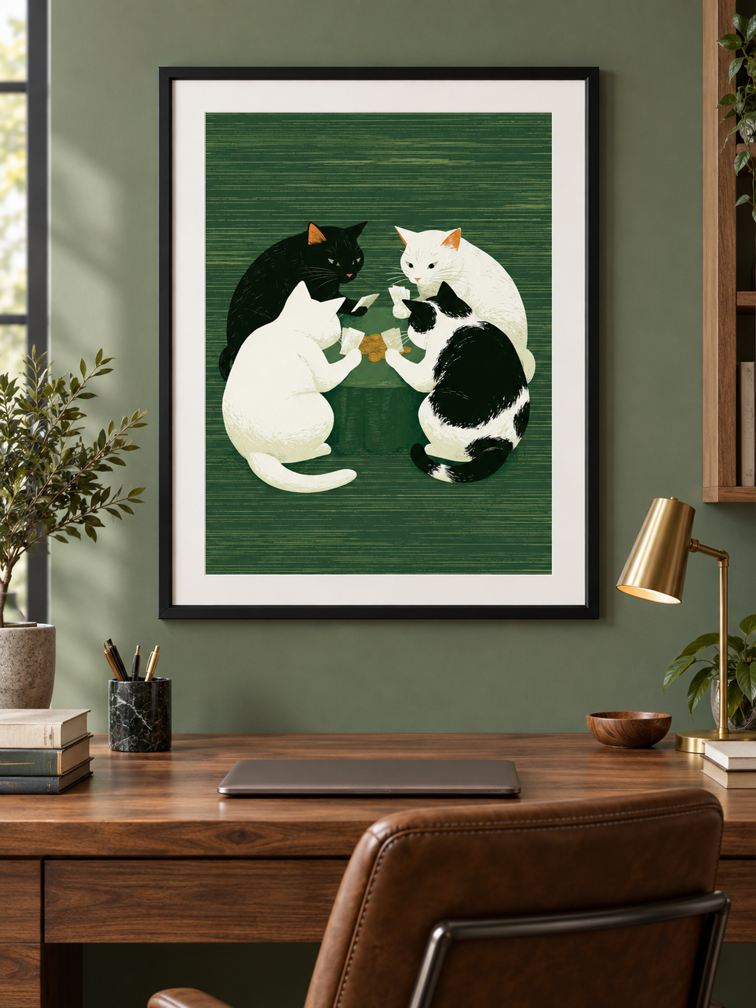 Cats Playing Cards Poster - Wall Art Decor - lifestyle shot - cats playing cards poster, green cat wall art