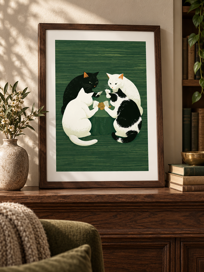 Cats Playing Cards Poster - Wall Art Decor - close-up - cats playing cards poster, green cat wall art