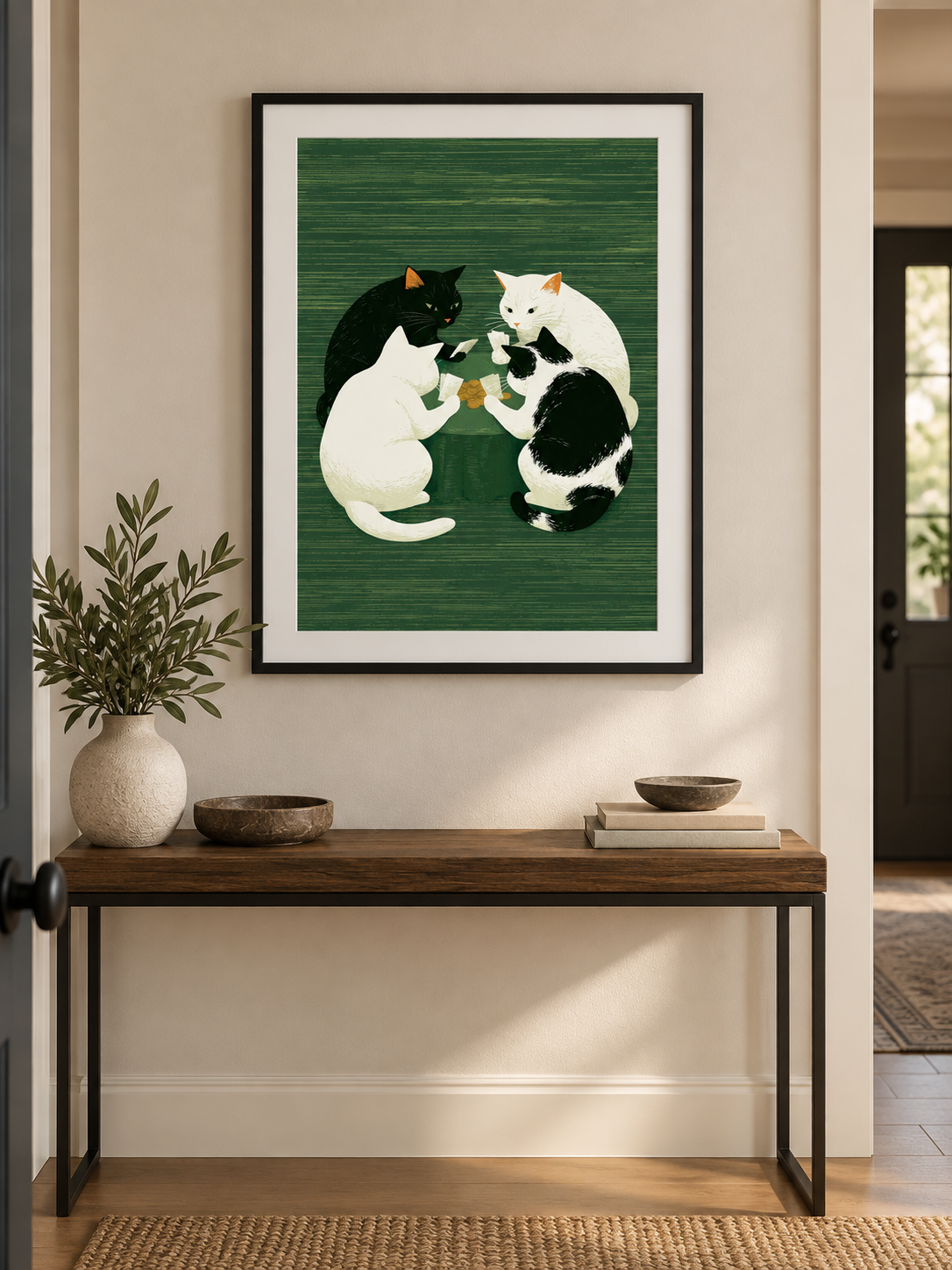 Cats Playing Cards Poster - Wall Art Decor - alternate angle - cats playing cards poster, green cat wall art