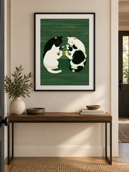 Cats Playing Cards Poster - Wall Art Decor - alternate angle - cats playing cards poster, green cat wall art