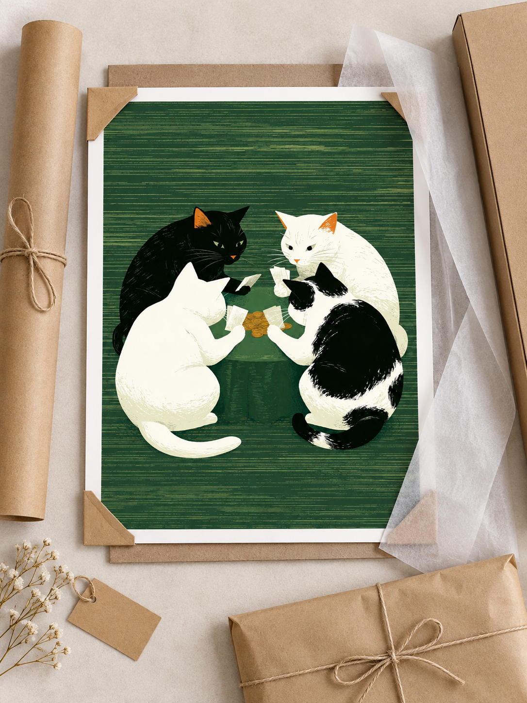 Cats Playing Cards Poster - Wall Art Decor - front view - cats playing cards poster, green cat wall art