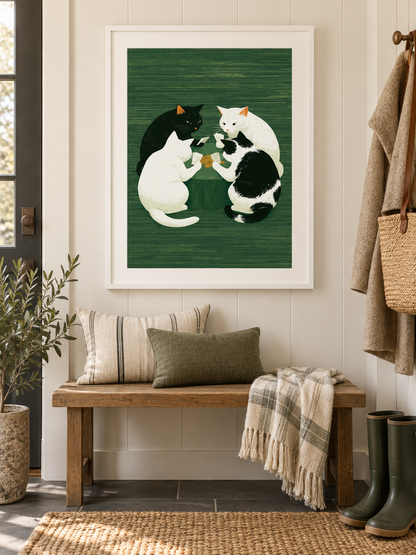 Cats Playing Cards Poster - Wall Art Decor - detail view - cats playing cards poster, green cat wall art
