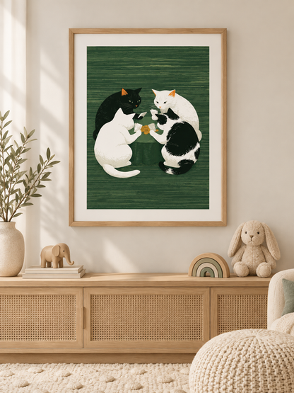 Cats Playing Cards Poster - Wall Art Decor - lifestyle shot - cats playing cards poster, green cat wall art