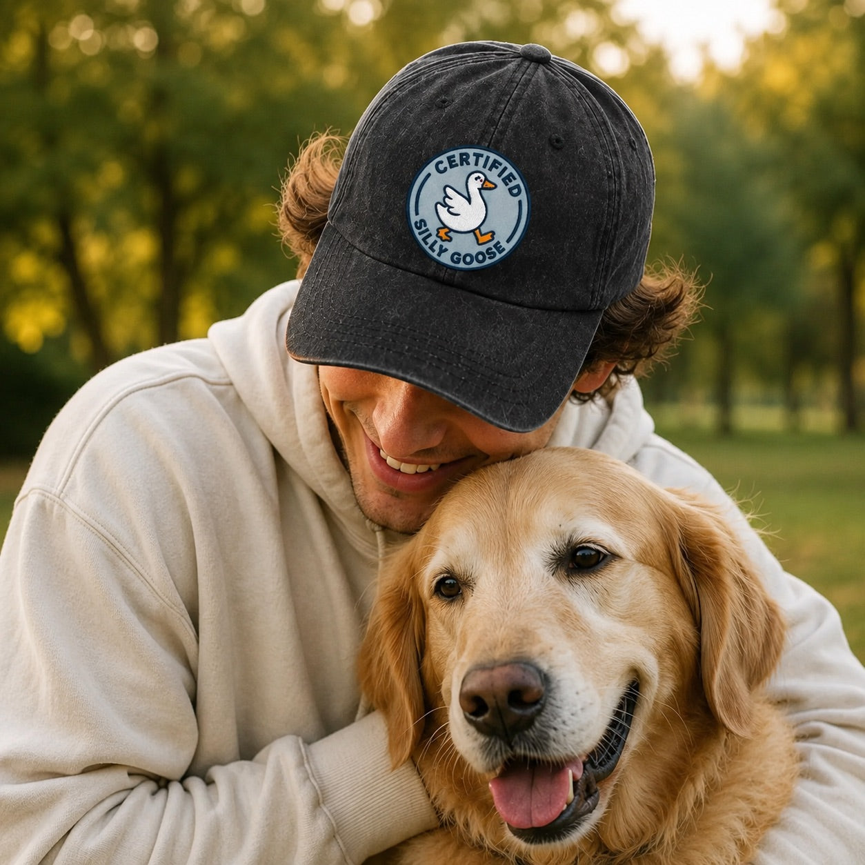 Man wearing a cap with a logo, hugging a golden dog outdoors.
