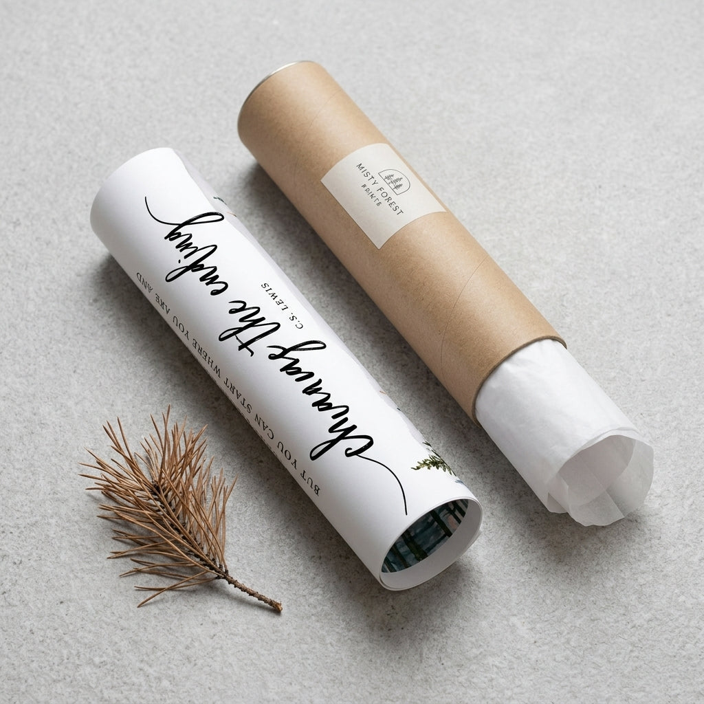 A gift-wrapped cylindrical product and its kraft paper mailing tube on a light gray textured surface, with a small pine sprig beside them. The white wrap has black script text reading 'Charm the enemy' and a small green botanical illustration.
