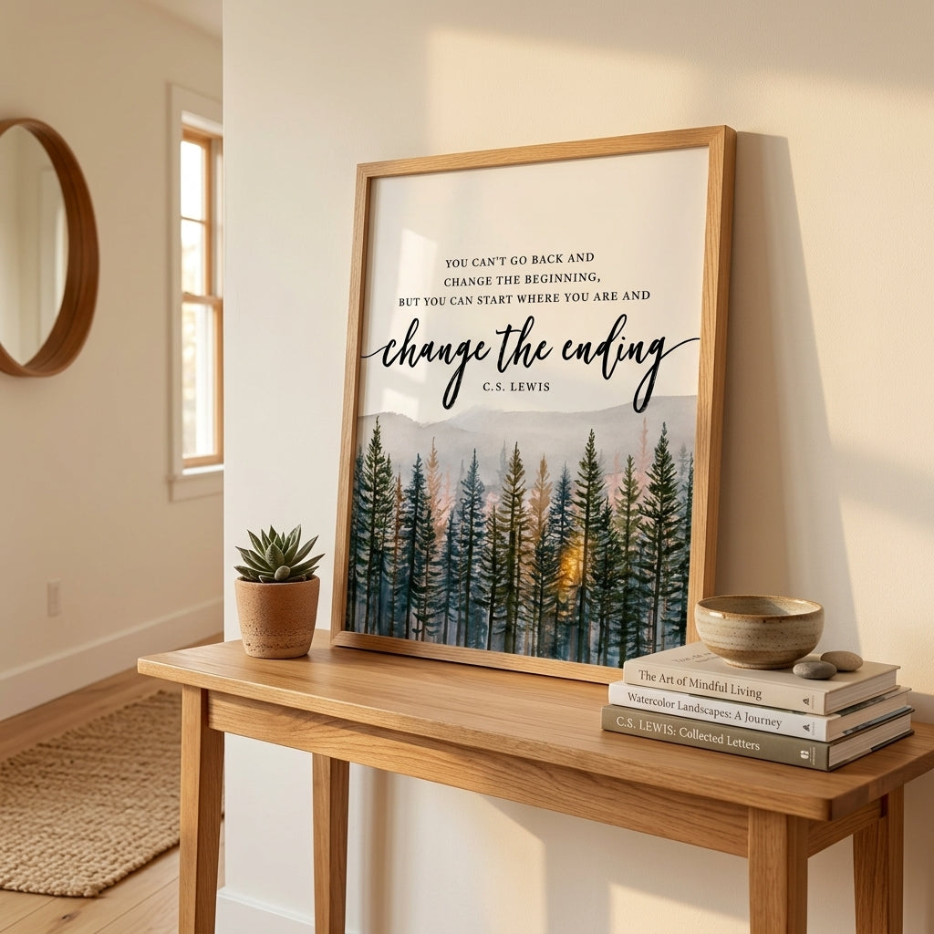 A framed art print featuring a forest landscape and the quote 'You can't go back and change the beginning, but you can start where you are and change the ending' by C. A.