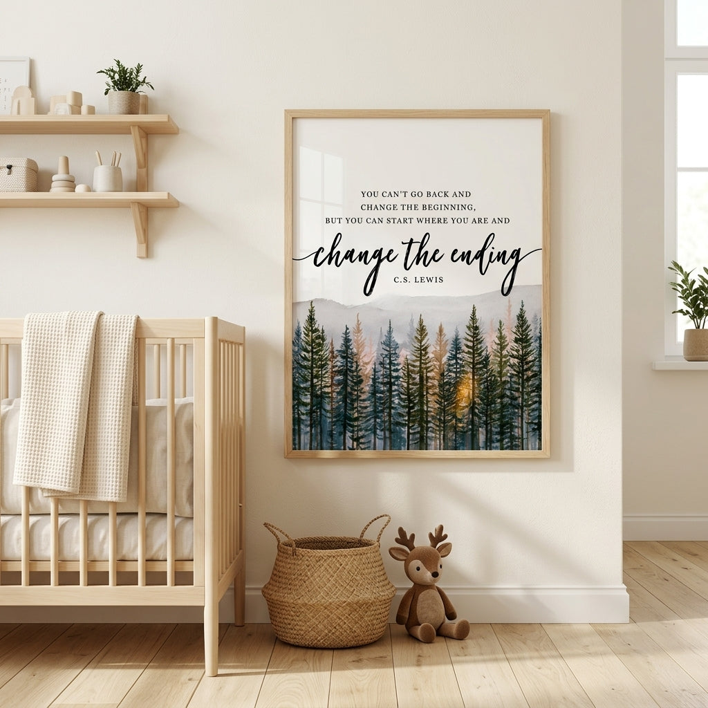A framed wall art print with an inspirational quote and a forest illustration hangs on a cream wall in a styled nursery. The print is shown in a light wood frame, with a crib, woven basket, and stuffed toy visible in the room.