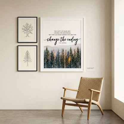 A styled interior scene showing a large framed inspirational wall art print with a forest illustration and a quote by C.K.