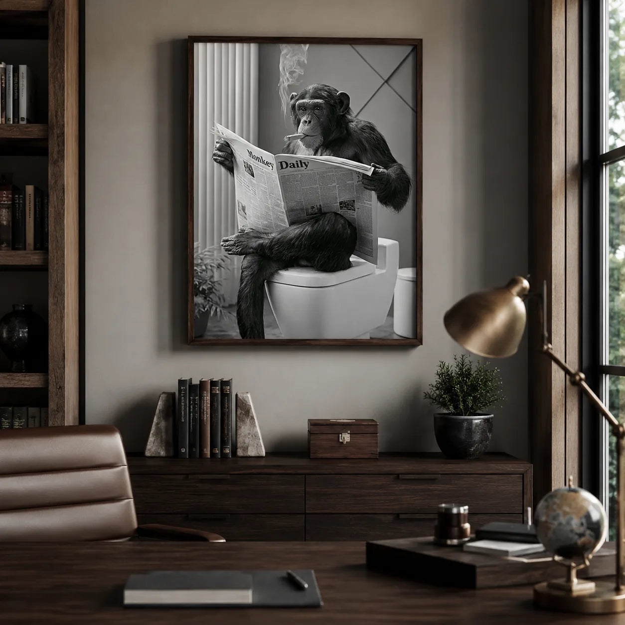 Chimpanzee Reading Newspaper Wall Art Decor - Wall Art Decor - alternate angle