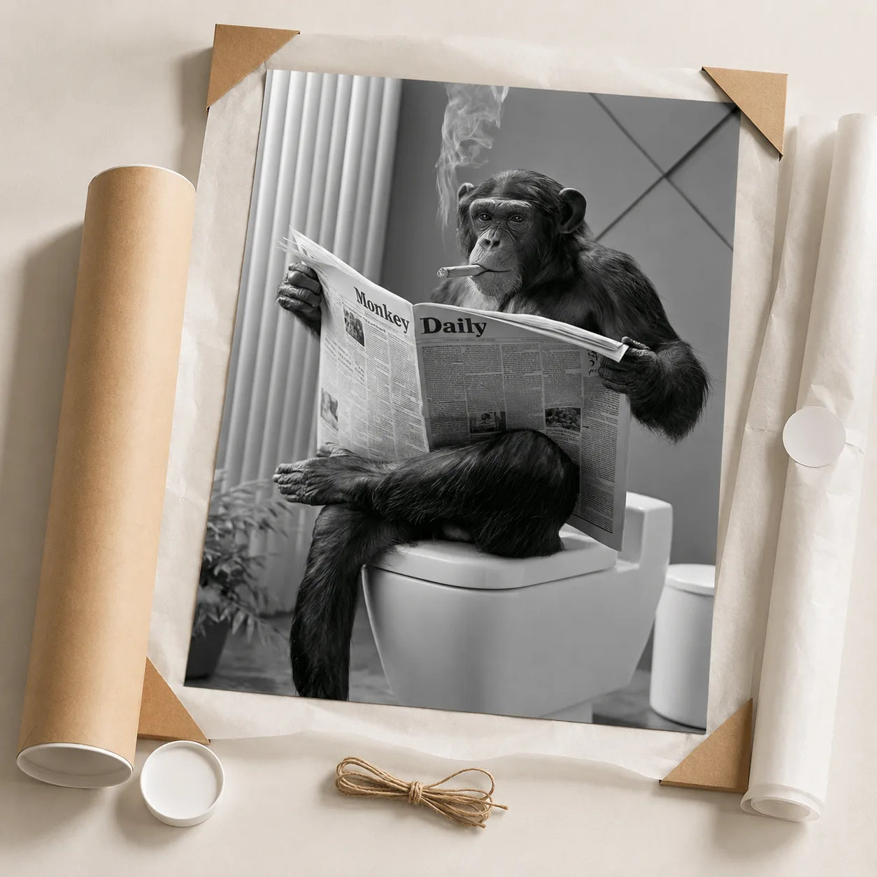 Chimpanzee Reading Newspaper Wall Art Decor - Wall Art Decor - back view