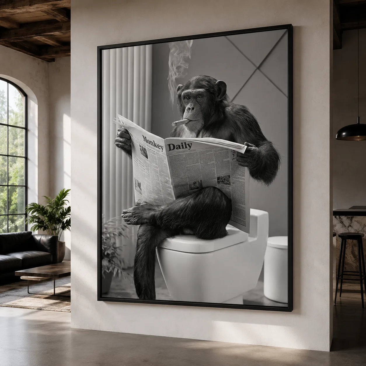 Chimpanzee Reading Newspaper Wall Art Decor - Wall Art Decor - close up