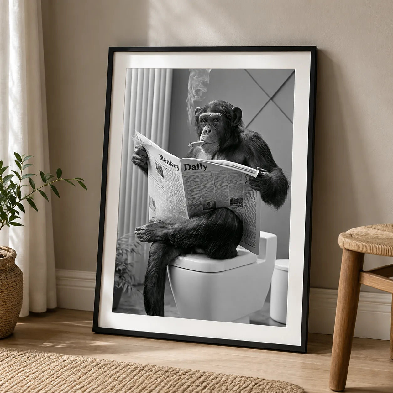 Chimpanzee Reading Newspaper Wall Art Decor - Wall Art Decor - side view