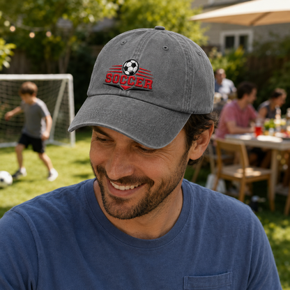 Man smiling at a backyard family gathering wearing a grey washed baseball cap with an embroidered graphic soccer ball logo and red text