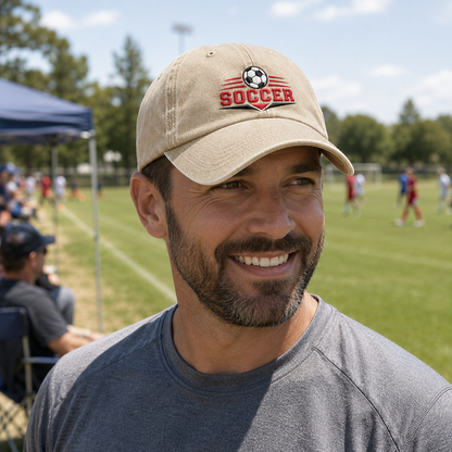 Man smiling by a sports field sideline dugout wearing a sand washed baseball cap with an embroidered graphic soccer ball logo and red text