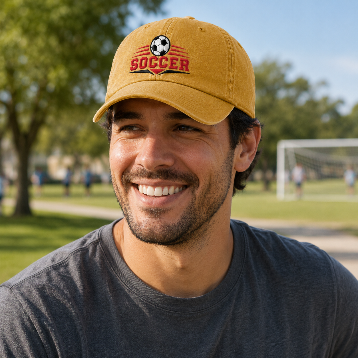 Man smiling at a public park wearing a yellow washed baseball cap with an embroidered graphic soccer ball logo and red text