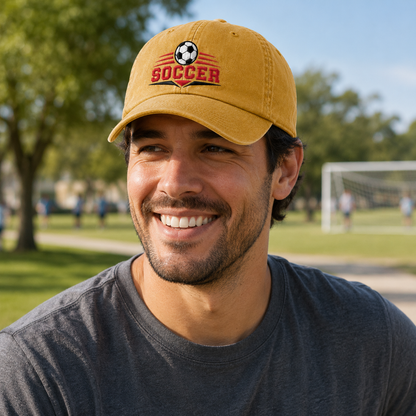 Man smiling at a public park wearing a yellow washed baseball cap with an embroidered graphic soccer ball logo and red text