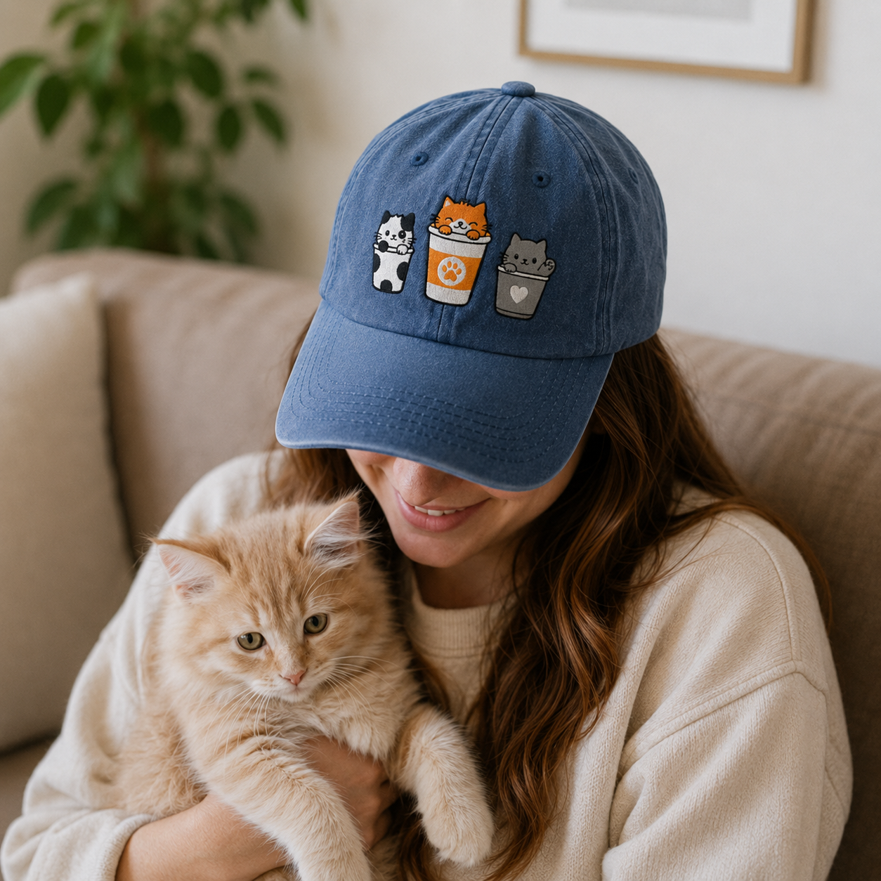 Woman wearing a blue cap with cat-themed patches, holding a cat indoors.