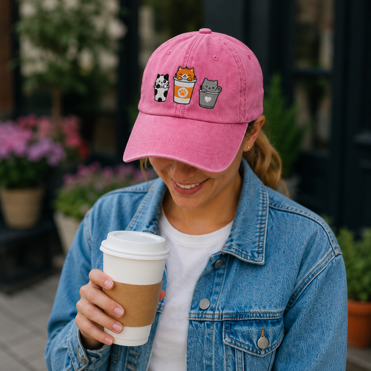 Person wearing a pink cap with cat-themed designs, holding a coffee cup outdoors.