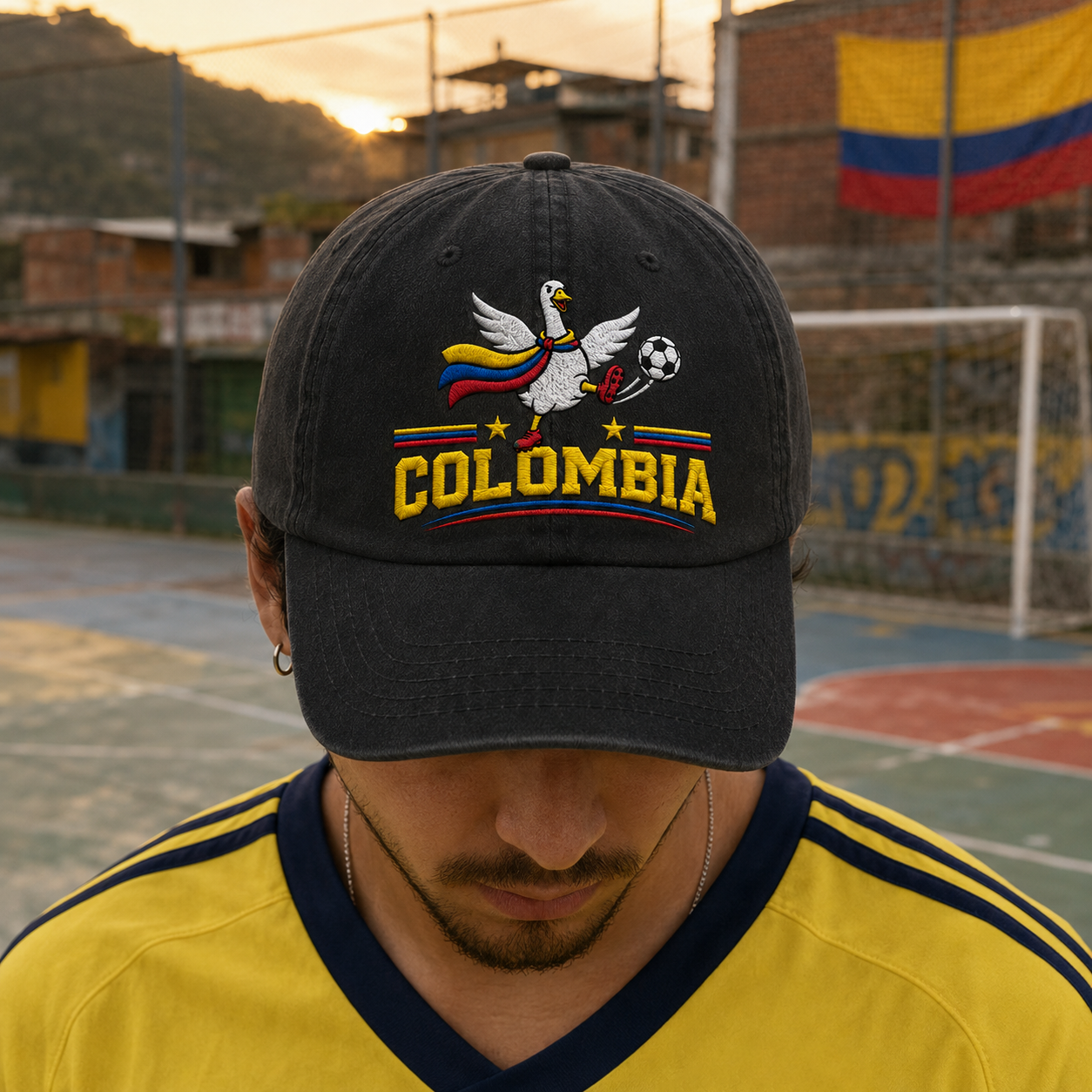 Man looking down on an outdoor soccer pitch wearing a black washed baseball cap with an embroidered Colombia soccer goose design