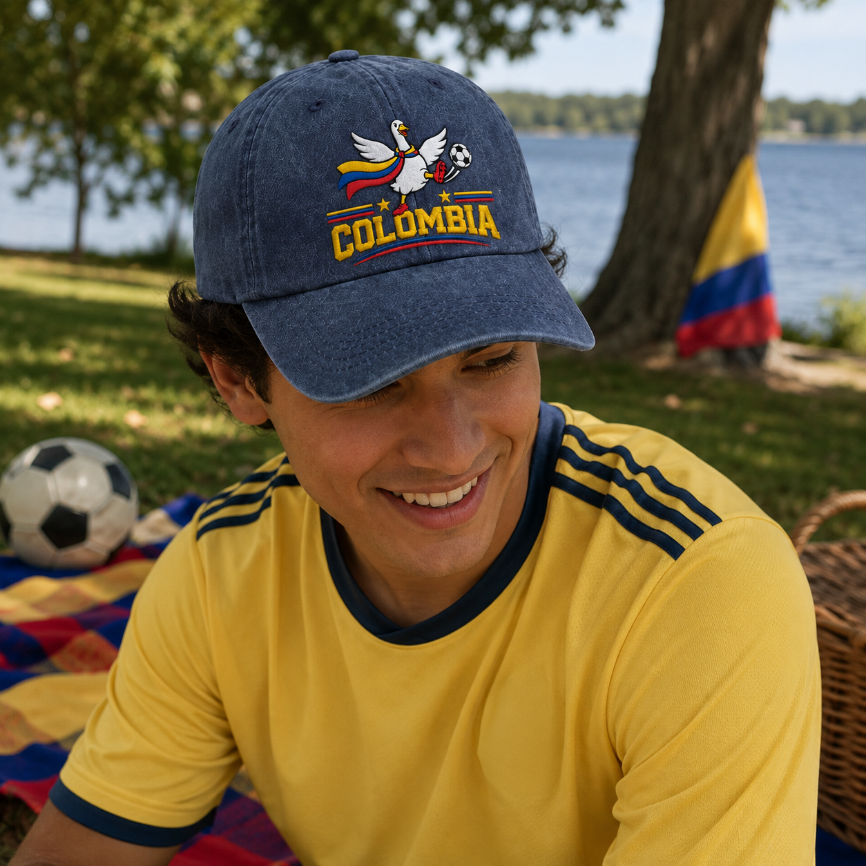 Man smiling at a lakeside park picnic wearing a blue washed baseball cap with an embroidered Colombia soccer goose design