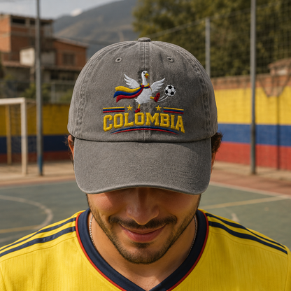 Man wearing a yellow soccer jersey and a grey washed baseball cap with an embroidered Colombia soccer goose design on a sports court