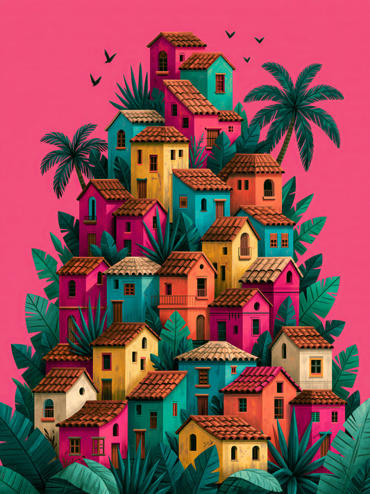 Póster de Pueblo Mexicano - Wall Art Decor - front view - colorful mexican village wall art, mexican village art print