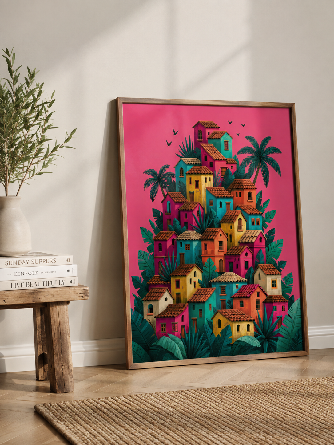 Póster de Pueblo Mexicano - Wall Art Decor - alternate angle - colorful mexican village wall art, mexican village art print