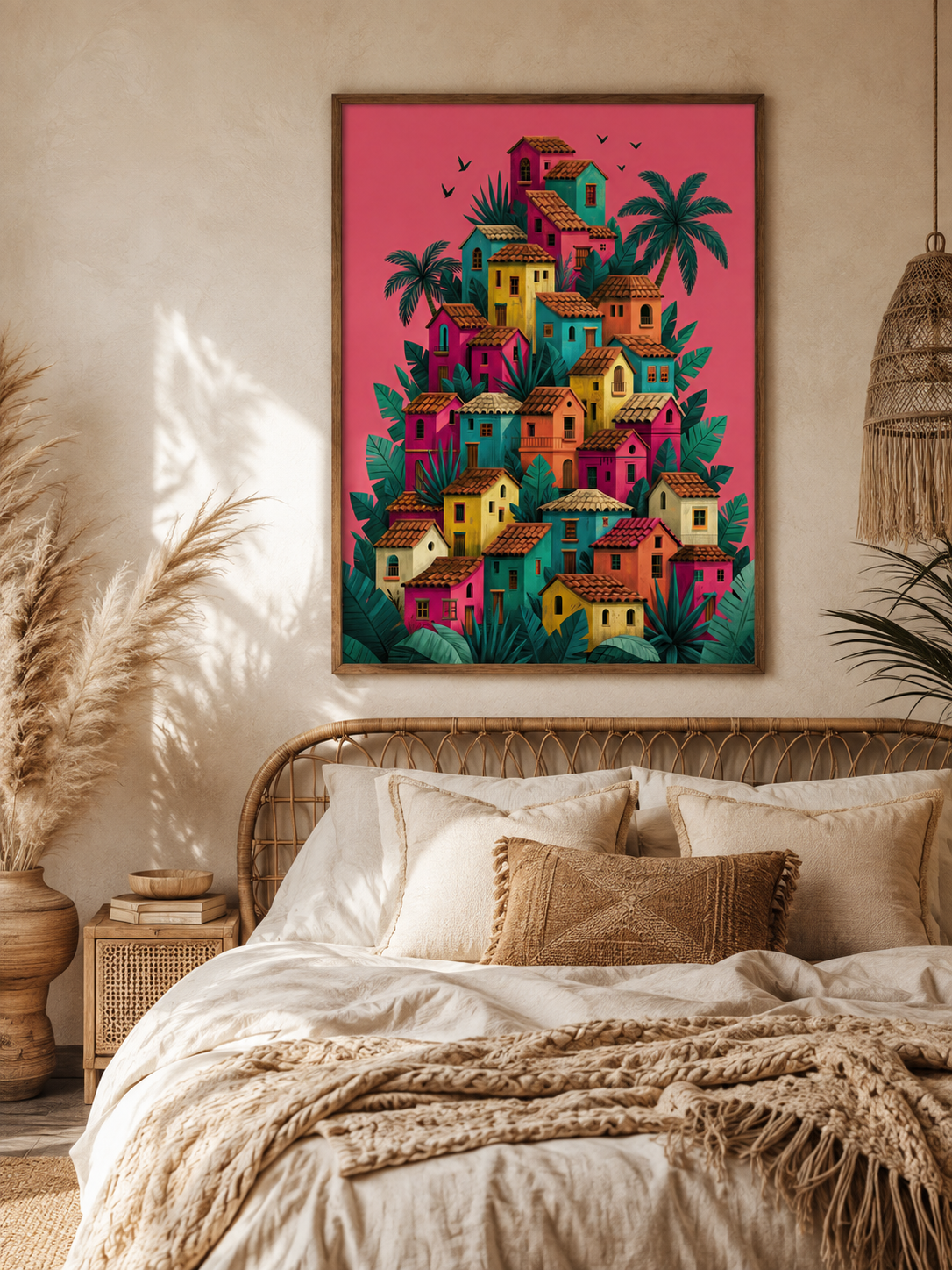 Póster de Pueblo Mexicano - Wall Art Decor - lifestyle shot - colorful mexican village wall art, mexican village art print
