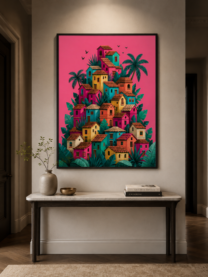 Póster de Pueblo Mexicano - Wall Art Decor - packaging - colorful mexican village wall art, mexican village art print