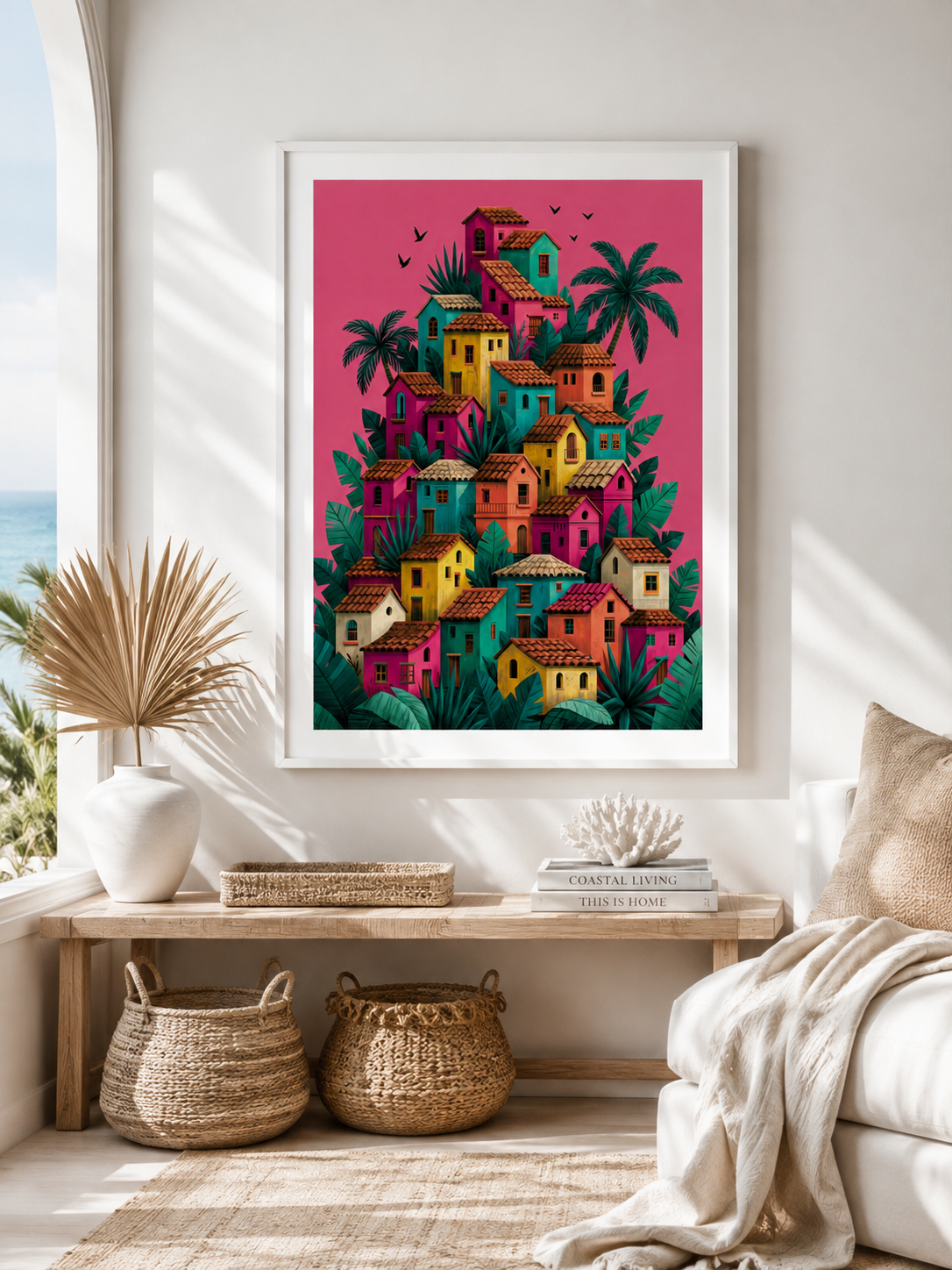 Póster de Pueblo Mexicano - Wall Art Decor - front view - colorful mexican village wall art, mexican village art print