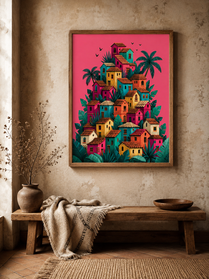 Póster de Pueblo Mexicano - Wall Art Decor - detail view - colorful mexican village wall art, mexican village art print