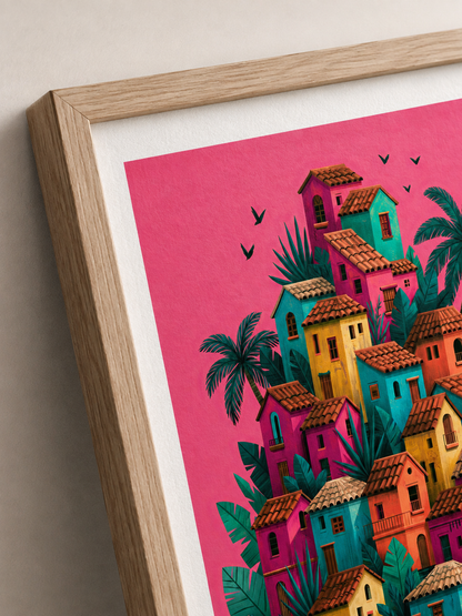Póster de Pueblo Mexicano - Wall Art Decor - lifestyle shot - colorful mexican village wall art, mexican village art print
