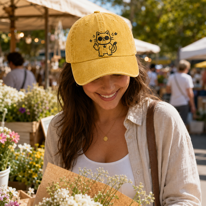 Cool Cat Embroidered Washed Cap - Washed Cap - detail