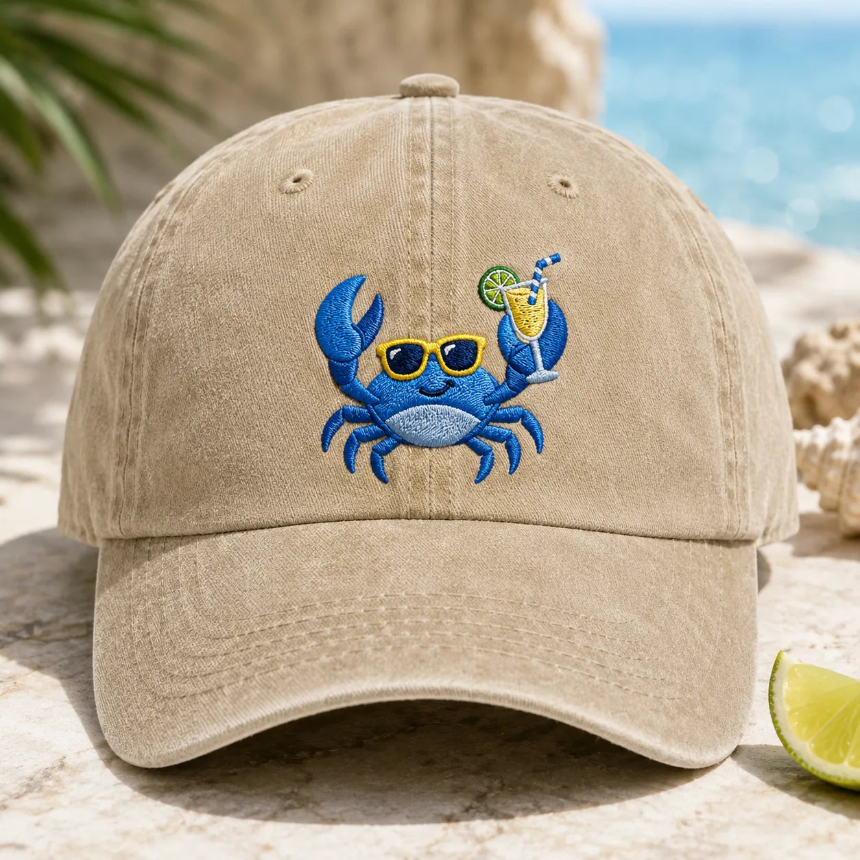 Cool Crab Cocktail Embroidered Washed Cap - washed cap - detail