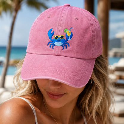 Cool Crab Cocktail Embroidered Washed Cap - washed cap - side view