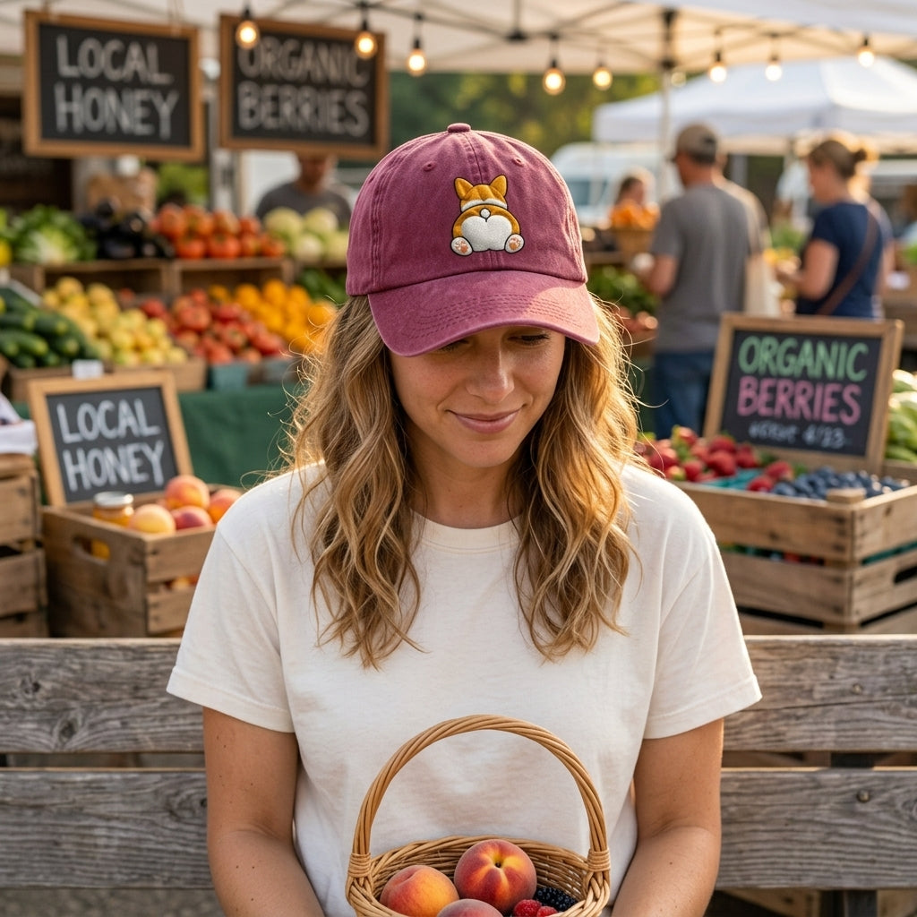 Woman at a farmers market holding a basket of fruits, wearing a pink cap with a dog design.