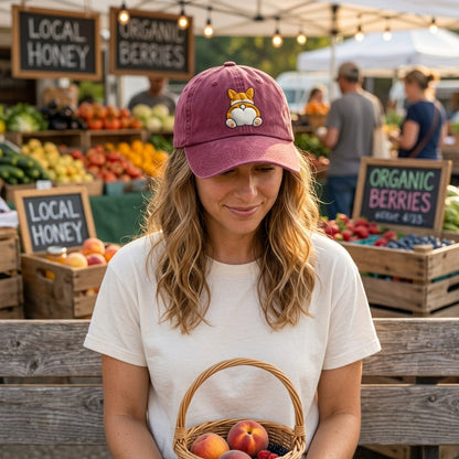 Woman at a farmers market holding a basket of fruits, wearing a pink cap with a dog design.